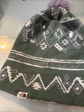 The North Face Olive Green Knit Pom Pom Hat with Lavender Accent